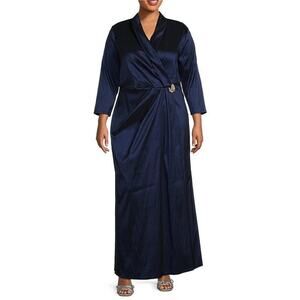 Marina Plus Size Navy Taffeta Surplice V-Neck 3/4 Sleeve Faux Wrap Dress 2X